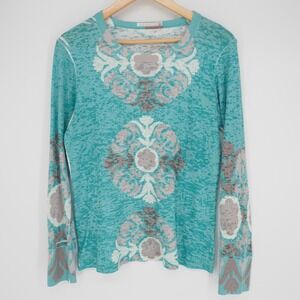 Before and Again Womens Thermal Knit Waffle Top M Green Boho Geometric Casual